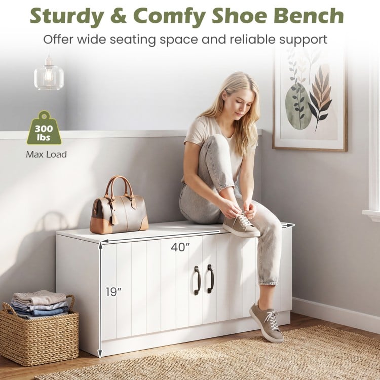 2-Door Shoe Bench Shoe Storage Cabinet with Adjustable Shelves-White