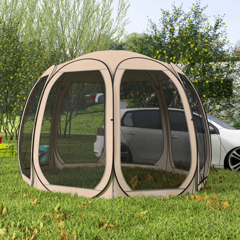 11' x 11.5' Screen Tent, Pop Up Camping Gazebo with Portable Carry Bag and 2 Doors, Beige