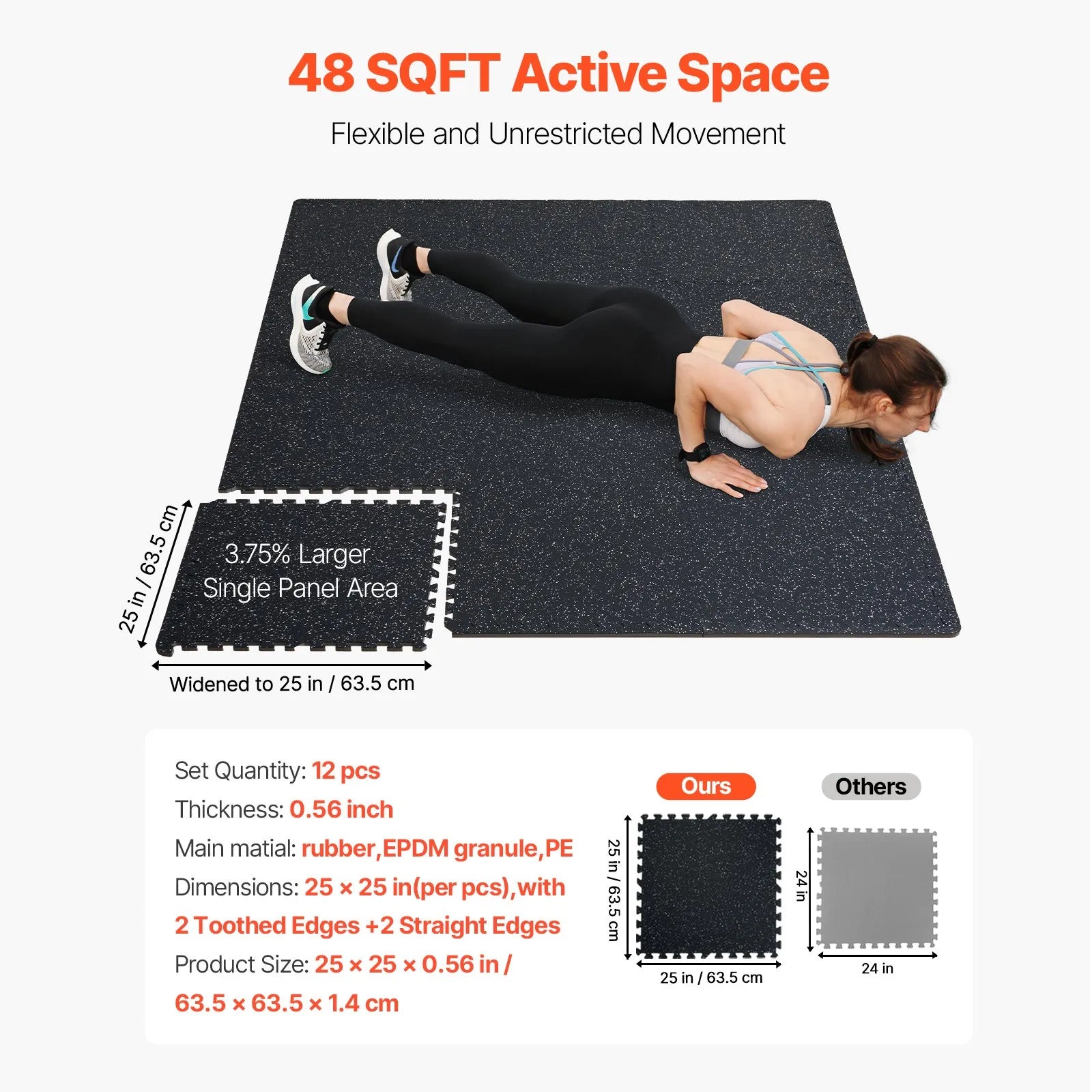 VEVOR 0.56" Thick Gym Floor Mats 12 Tiles Rubber Top with EVA Foam Black & White