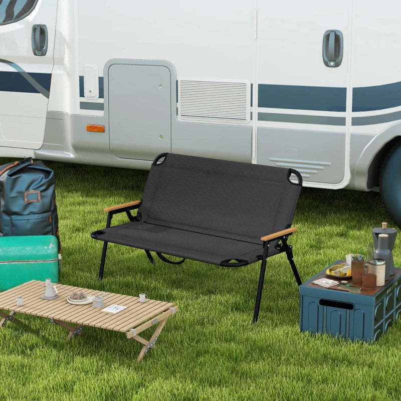 2-Seat Folding Patio Bench Camping Chair, Sports Chair with Armrest, Mesh Fabric Seat for Lawn, Black
