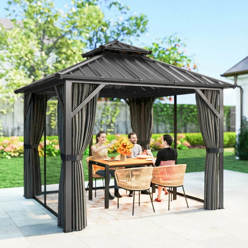 10' x 10' Hardtop Gazebo Canopy with Double Galvanized Steel Roof, Aluminium Frame Permanent Outdoor Gazebo, Dark Grey