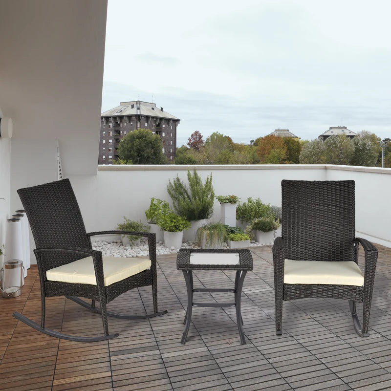 3 Pieces Patio Wicker Rocking Chair Set, Outdoor PE Rattan Bistro Set Conversation Rocker Set with 2 Chairs 1 Coffee Table for Backyard, Deck, Poolside, Dark Grey