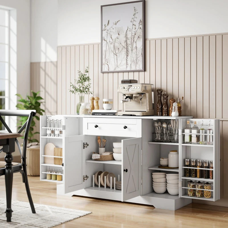 Sideboard Buffet Cabinet, Farmhouse Coffee Bar Cabinet with Door Shelves, Adjustable Shelves, Drawer, Barn Doors, White