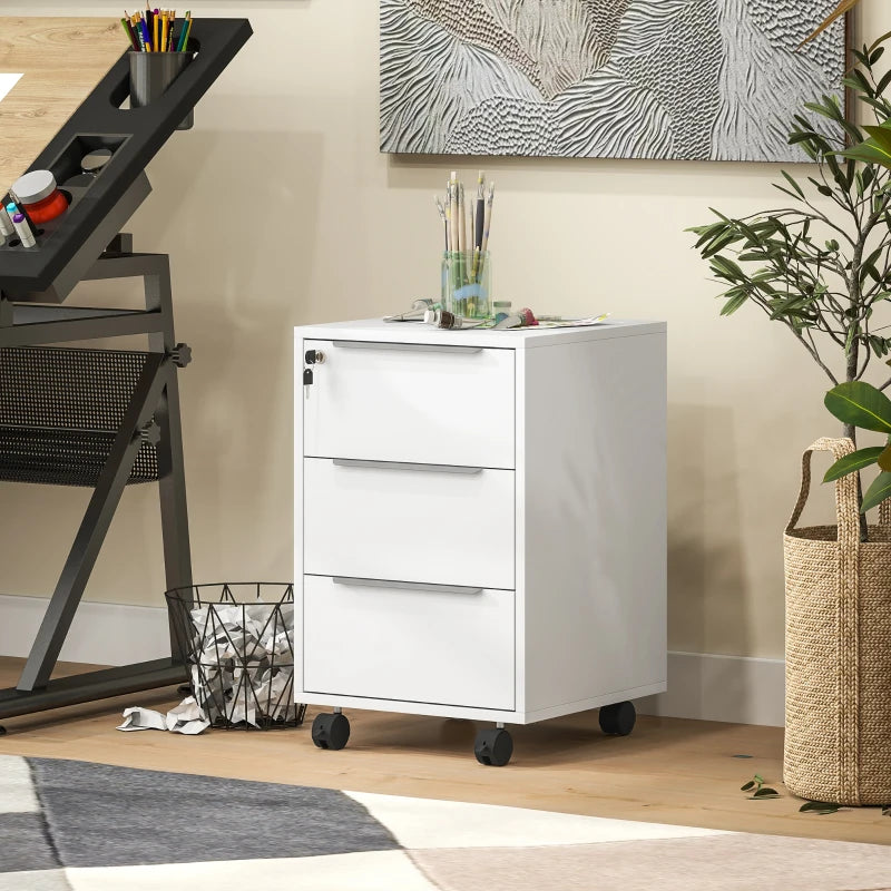 3-Drawer File Cabinet with Wheels, Vertical Filing Cabinet with Lock, White