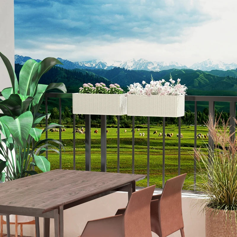 2 Pack 20 Inch Hanging Flower Pots, Railing Planter Box for Fence, Garden, Rattan Look, White