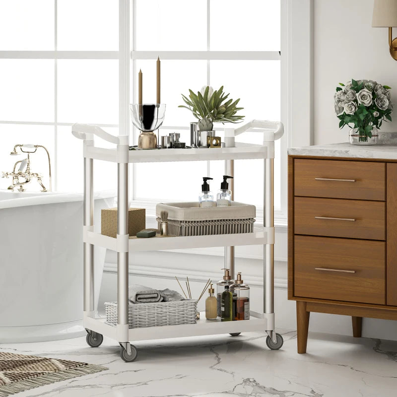 3-Tier Utility Cart Rolling Storage Trolley with 3 Shelves, Silver and White