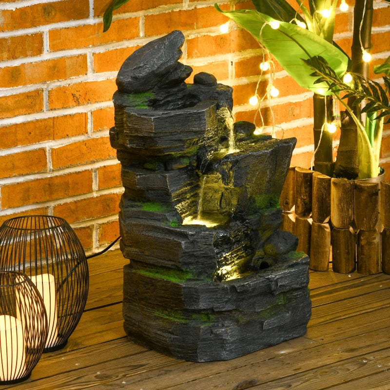 4-Tiered Rock Outdoor Water Fountain with LED Lights, Adjustable Flow, 22.4-inch Resin Waterfall Fountain