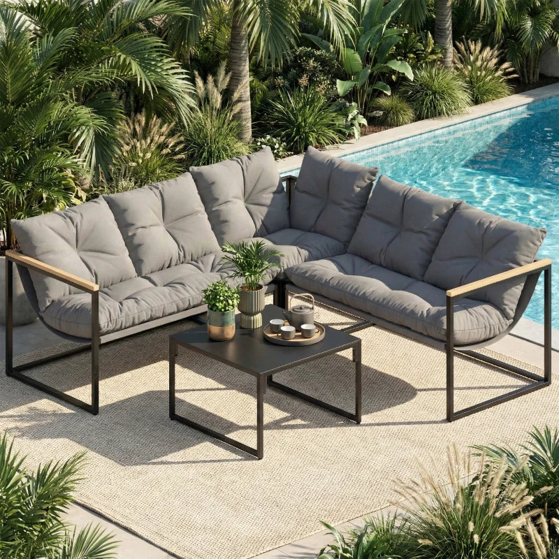 4 Piece Patio Furniture Set with Thick Cushions and Coffee Table, Patio Conversation Set for Porch, Balcony, Deck, Grey