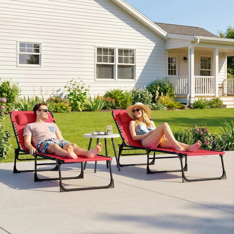 2 PCs Folding Lounge Chairs, Adjustable Chaise Lounge with Headrest, Reclining Lounger Cot for Camping, Hiking, Wine Red