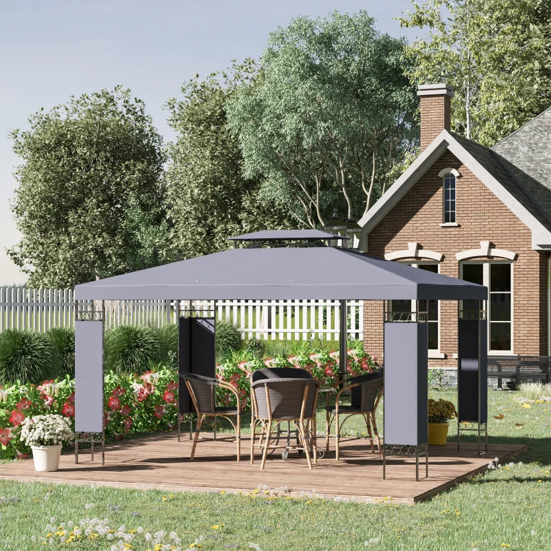 10' x 13' Outdoor Gazebo, Double Roof Patio Gazebo Canopy Shelter with Screen Decorate Corner Frame, Grey