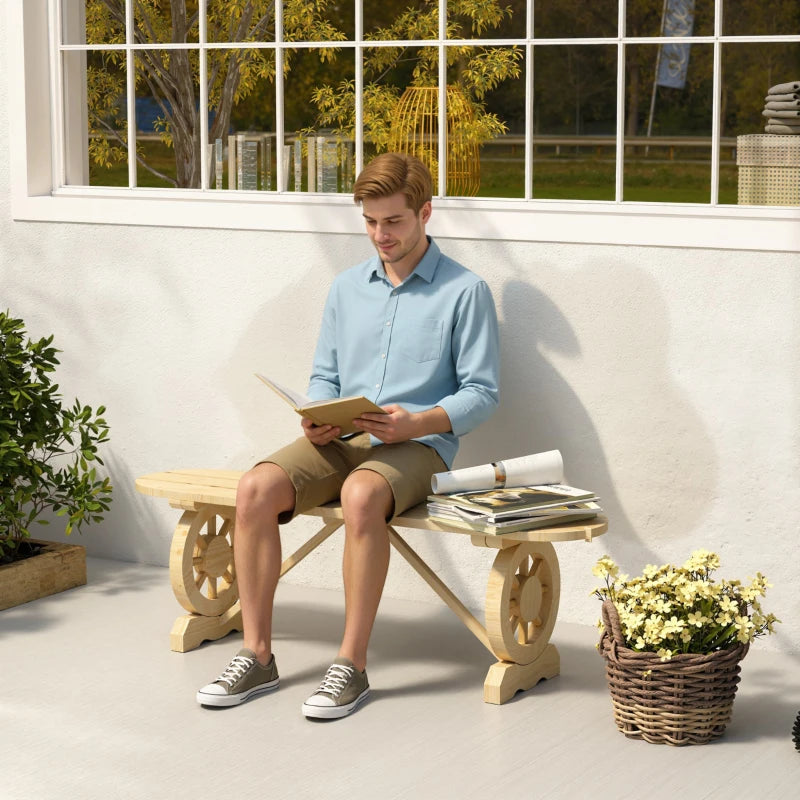 2-Person Outdoor Bench, Wood Garden Bench with Wagon Wheel Legs, Slatted Seat for Patio, Park, Backyard, Natural Wood