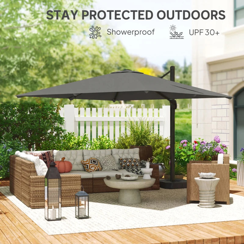 10 FT Patio Umbrella with Base, Outdoor Offset Cantilever Umbrella with Crank Handle and Tilt, 360° Rotation