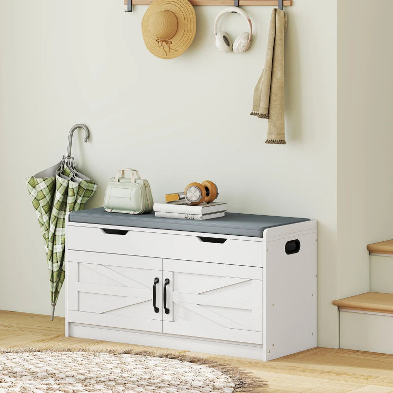 Shoe Storage Bench, Entryway Bench with 2-Tier Cabinet, Flip-Top Storage, Padded Cushion for Hallway, White