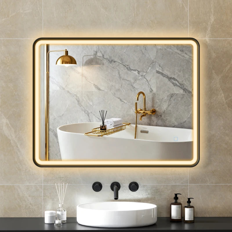 36" x 28" Bath Mirror with LED Lights, Wall Mounted Restroom Mirror, 3 Colours, Dimmable, Horizontal/Vertical, Black
