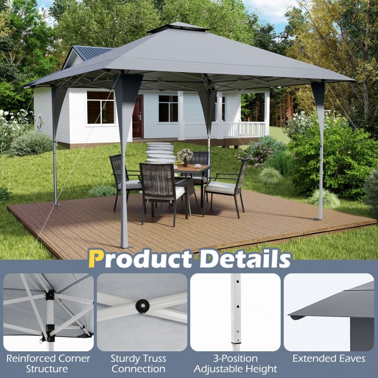 13 X 13 FT Pop up Gazebo with Portable Carrying Bag 8 Stakes and 4 Wind Ropes-Gray