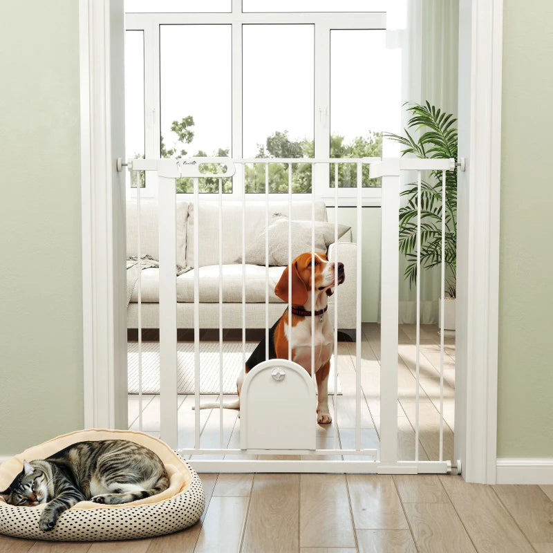30"-41" Extra Wide Pet Gate Barrier with Small Door, 35"H Dog Gate with Safety Gate Barrier, Stair Pressure Fit, White