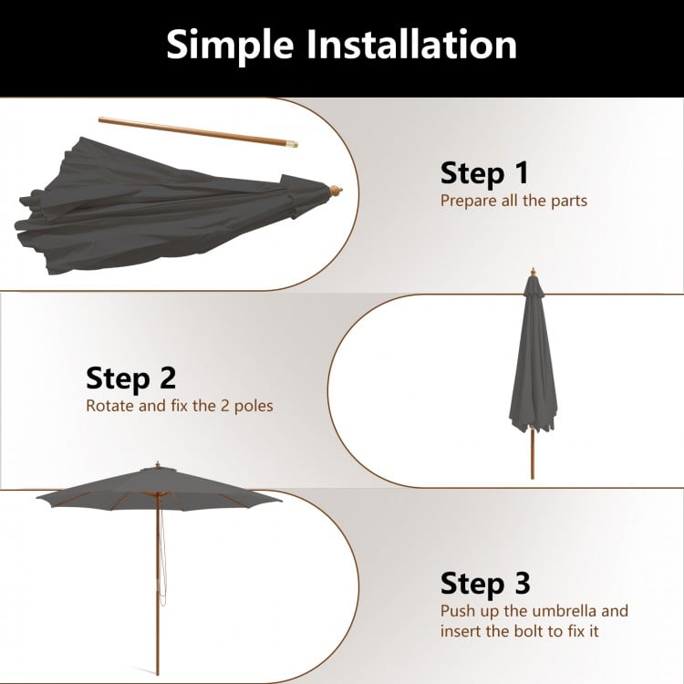 10 Feet Patio Umbrella with 8 Wooden Ribs and 3 Adjustable Heights-Gray
