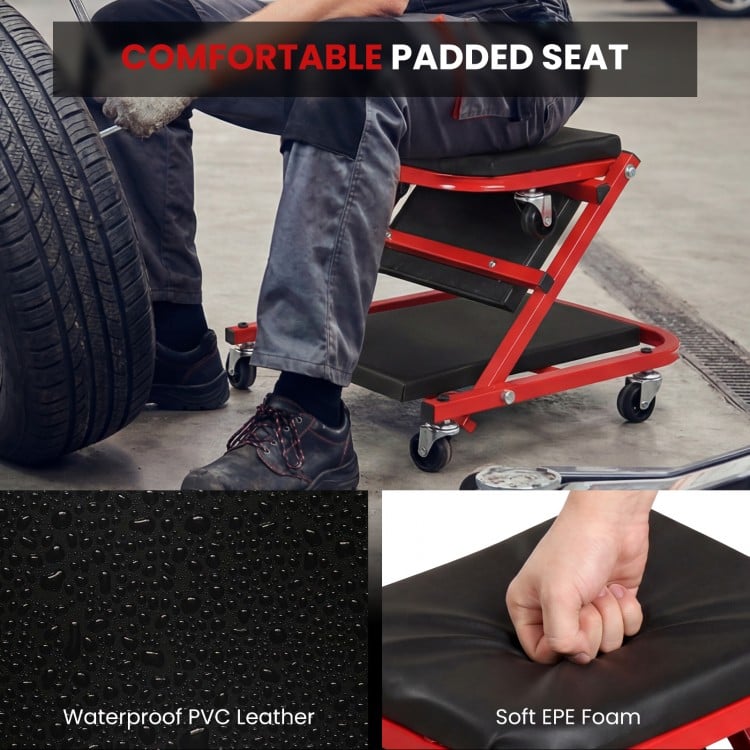 2-in-1 Z-Shaped Rolling Garage Stool 36" Folding Flat Automotive Creeper-Red