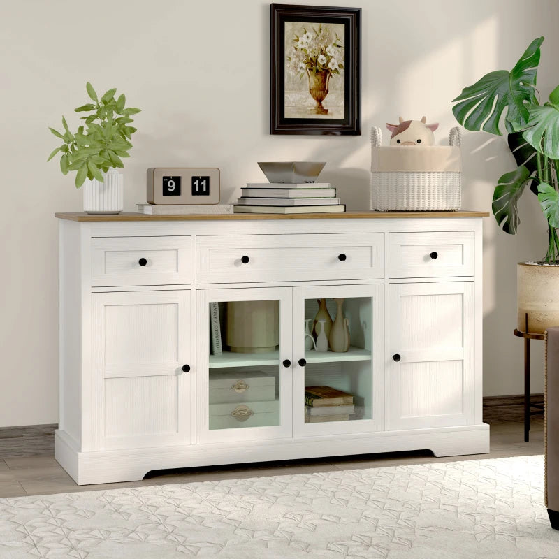 Sideboard Buffet Cabinet with Storage, Coffee Bar Cabinet with Glass Doors and Adjustable Shelves, Distressed White