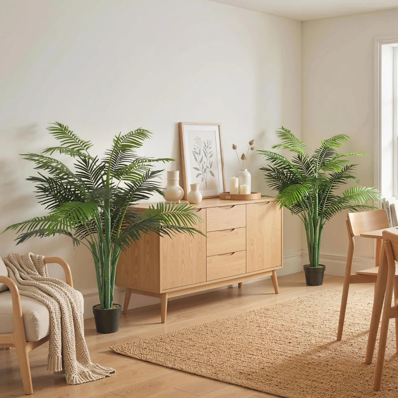 4FT Artificial Palm Tree Set of 2, Fake Tropical Tree with Lifelike Leaves, Faux Plant in Pot for Indoor Decoration, Green