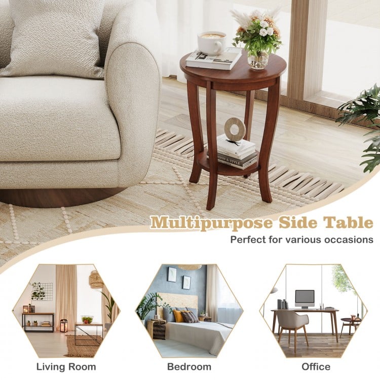 2-tier Round End Table with Solid Wood Legs-Brown