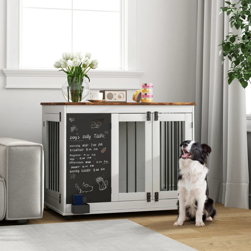 39" Dog Crate Furniture Side End Table for Large Dogs w/ Blackboard, Three Doors, White