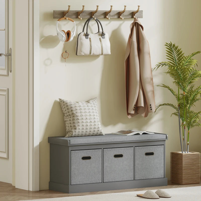 Shoe Storage Bench with Seat, Entryway Bench Seat with Cushion, 3 Fabric Drawers for Hallway, Dark Grey