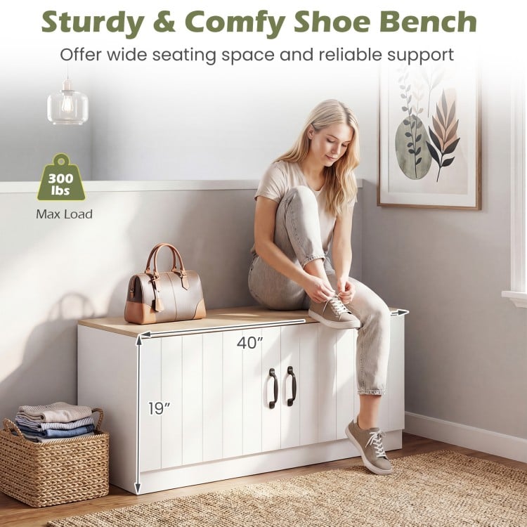 2-Door Shoe Bench Shoe Storage Cabinet with Adjustable Shelves-Natural