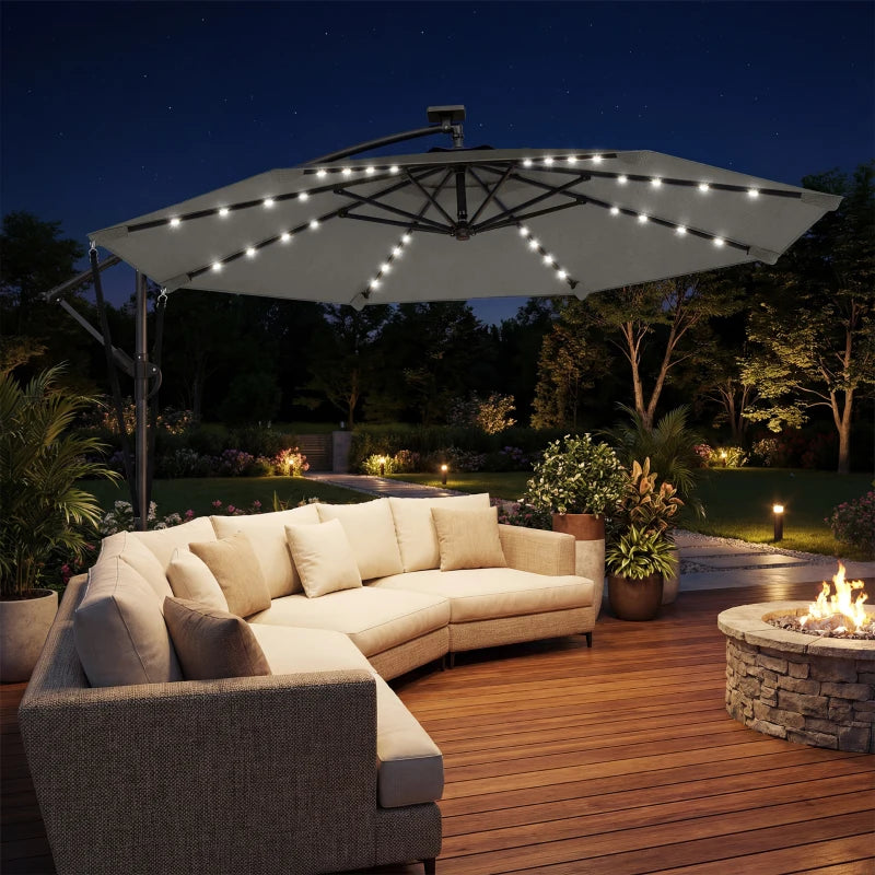 11.3 ft Cantilever Patio Umbrella with Light, Cover, Aluminium UPF50+ Offset Outdoor Umbrella Parasol, Dark Grey