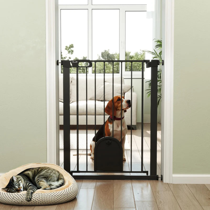 30"-32" Extra Wide Pet Gate Barrier with Small Door, 35"H Dog Gate with Safety Gate Barrier, Stair Pressure Fit, Black