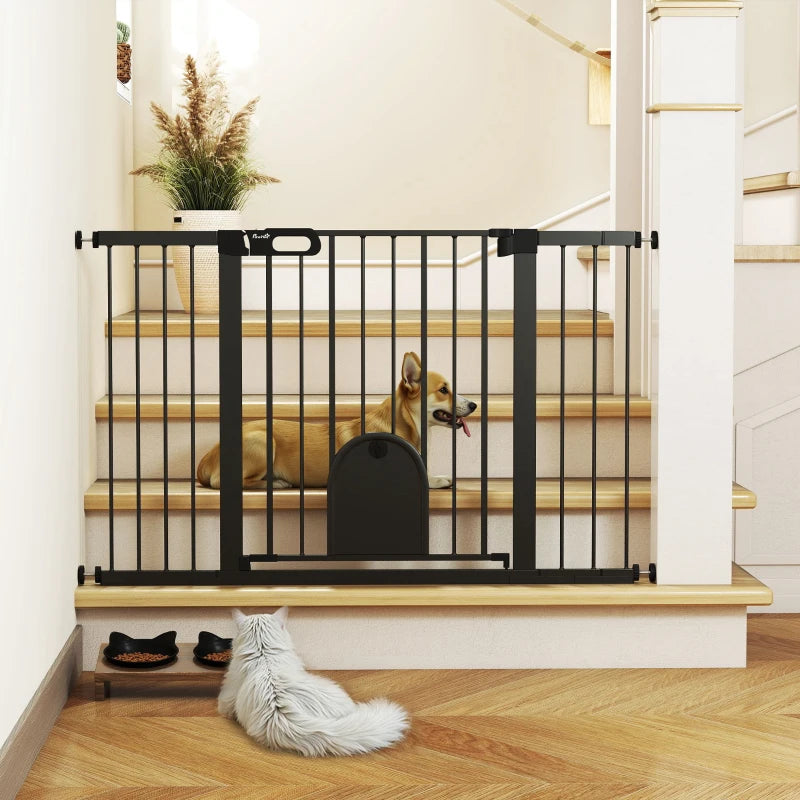 30"-52" Extra Wide Pet Gate Barrier with Small Door, 30"H Dog Gate with Safety Gate Barrier, Stair Pressure Fit, Black