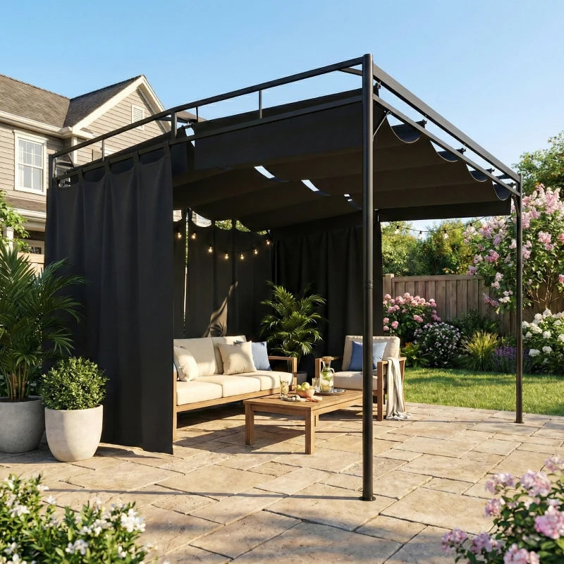 10' x 10' Retractable Pergola Canopy, Outdoor Pergola with Curtains, Metal Garden Gazebo Sun Shade Shelter for Patio