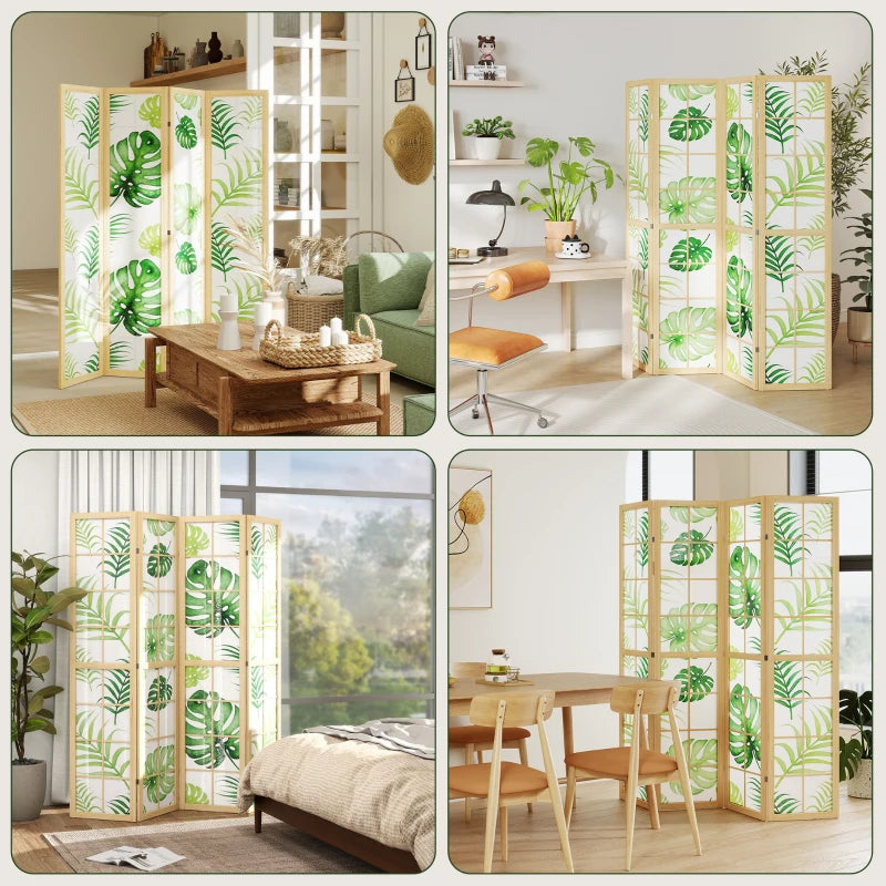 4 Panel Folding Privacy Screen, 67" Room Divider with Palm Leaf Design for Living Room Bedroom, Natural and Green
