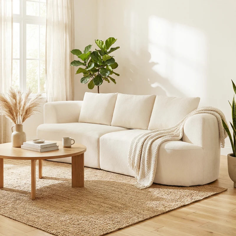 3 Seater Sofa, 102" Chenille Boneless Couch with Wide Seat, Spring Cushions, High-Density Foam, 3 Pillows, Cream White