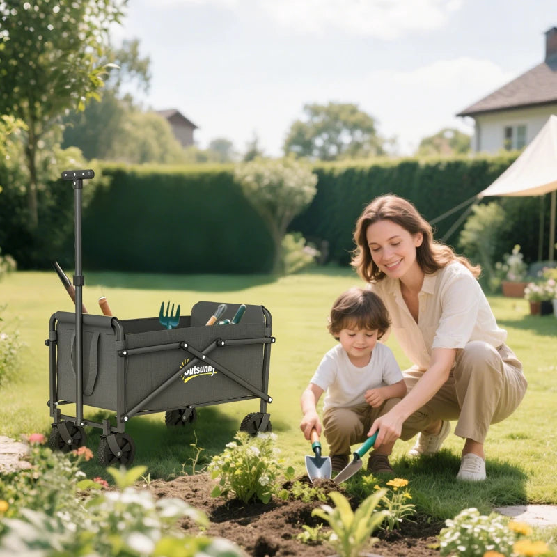 Small Collapsible Folding Garden Cart, Heavy Duty Lawn Wagon with Universal Wheels and Adjustable Handle, Grey