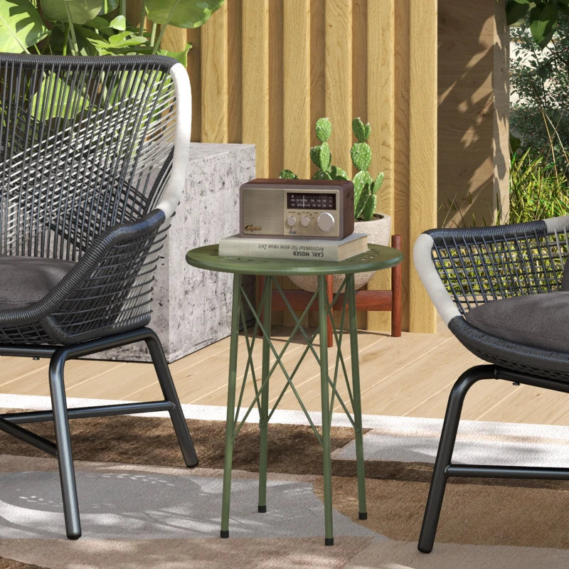 15.7" Round Garden Table with Floral Cut-Out, Steel Balcony Side Bistro Coffee Table with Adjustable Feet, Green