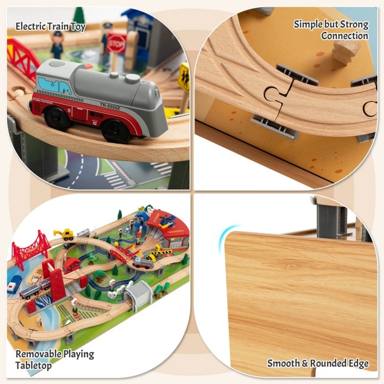 100-Piece Double-Sided Wooden Train Set Table with Storage Drawer for Kids Age 3 +