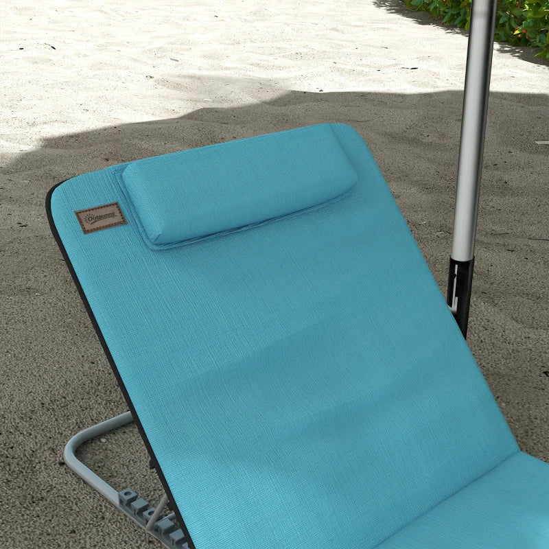 2 Pieces Beach Lounge Chair, Outdoor Folding Chaise Lounge Set w/ Pillow for Sunbath, Snap, Blue