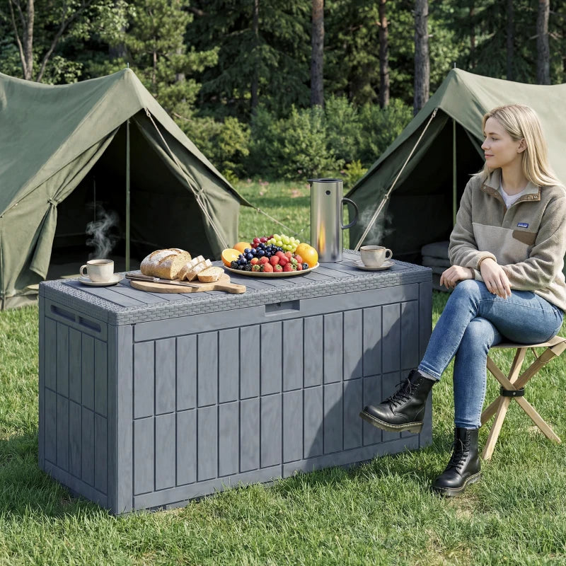 100 Gallon Resin Deck Box, Waterproof Lockable Outdoor Storage Box with Pneumatic Gas Rods, Side Handles