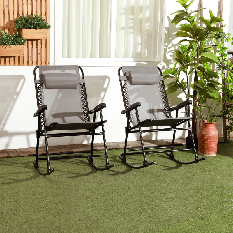 2pc Patio Foldable Rocking Chair Set w/ Breathable Mesh Seat & Backrest, Headrest for Park, Backyard, Garden, Grey
