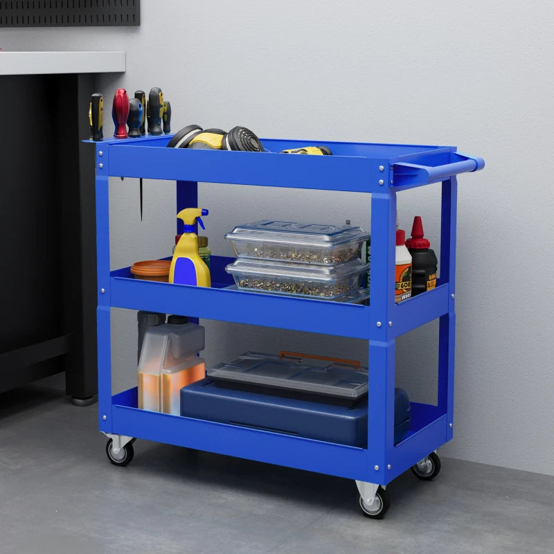 3 Tier Rolling Tool Cart with Wheels, 330 LBS Capacity Heavy Duty Utility Cart, Mobile Service Cart for Garage, Blue