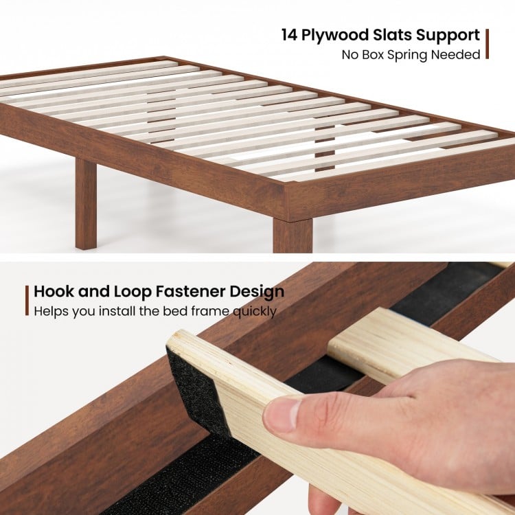 14 Inch Twin Size Rubber Wood Platform Bed Frame with Wood Slat Support-Walnut