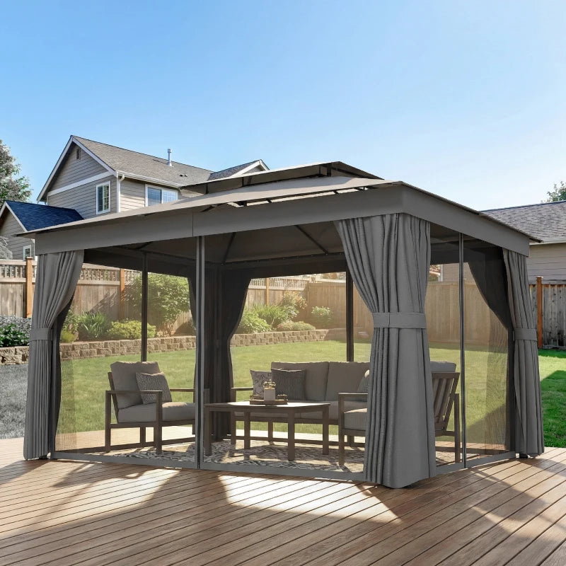 10' x 12.5' Outdoor Gazebo with Curtains and Netting, Double Roof Metal Patio Gazebo Canopy Shelter with Hook, Dark Grey