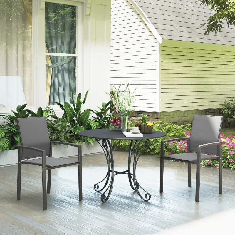 Set of 2 Outdoor Garden Chairs, Stackable Patio Dining Chairs with Breathable Fabric, Armrests and Backrest, Dark Grey
