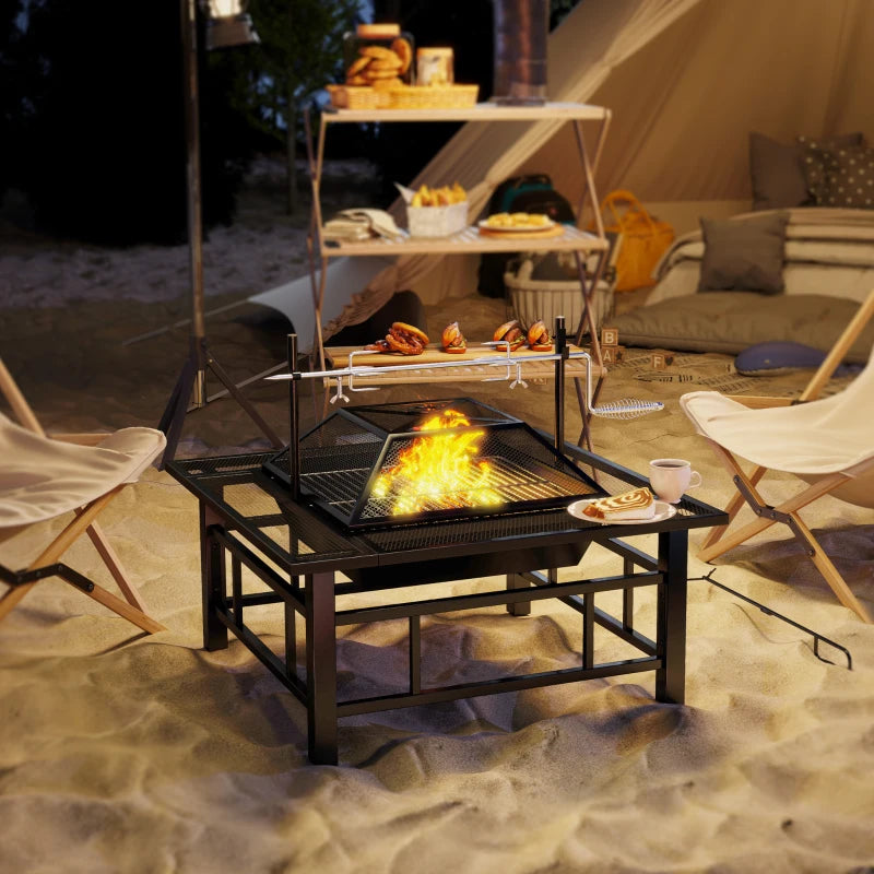31.9" x 31.9" x 27.8" 2-in-1 Outdoor Fire Pit Firepit with BBQ Grill Grate, Wood Fire Pit with Adjustable Foot Pads, Outer Ledge, Poker, Mesh Lid for Backyard, Black