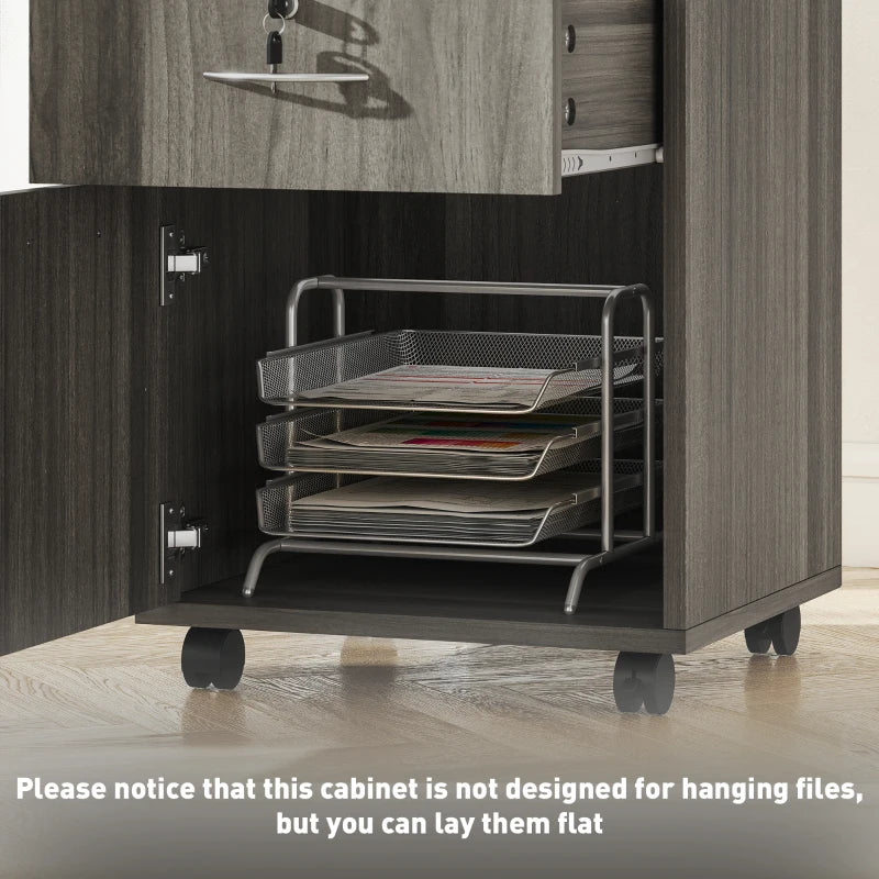 24" Filing Cabinet with Open Compartment, Lockable Drawer and Wheels, Home Office Storage Cabinet, Distressed Grey