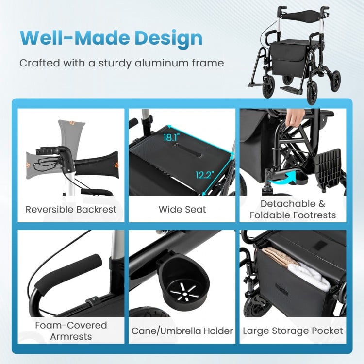 2-in-1 Foldable Rollator Walker with Seat abd 9 Inch Pneumatic Tires for Seniors-Black