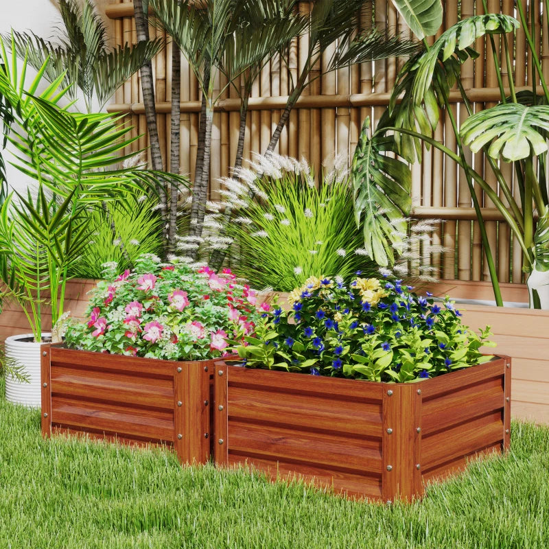 2' x 2' x 1' 2-Pieces Raised Garden Bed w/ Galvanised Steel Frame for Vegetables Flowers Herbs, Dark Brown Wood Effect