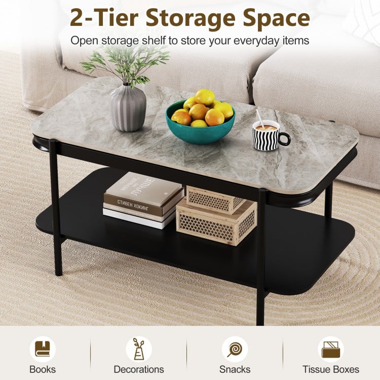 2-Tier Modern Rectangular Coffee Table with Sintered Stone Top-Gray