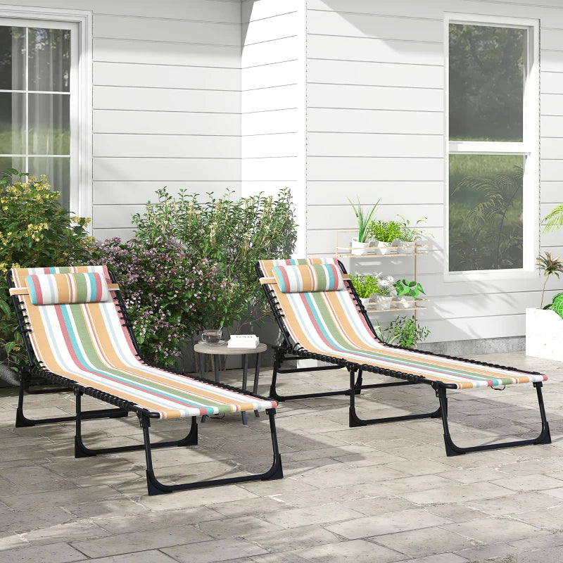 2pcs Folding Lounge Chair, Adjustable Chaise Lounge with Headrest, Reclining Lounger Cot for Camping, Multi-colored